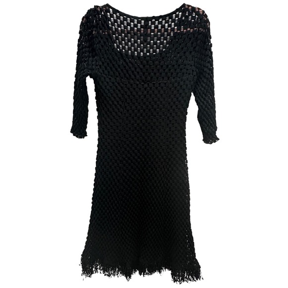 Elana Kattan Black Mesh Witchy Boho Crochet Dress 3/4 Sleeve Fringe Hem Size M - Picture 2 of 9